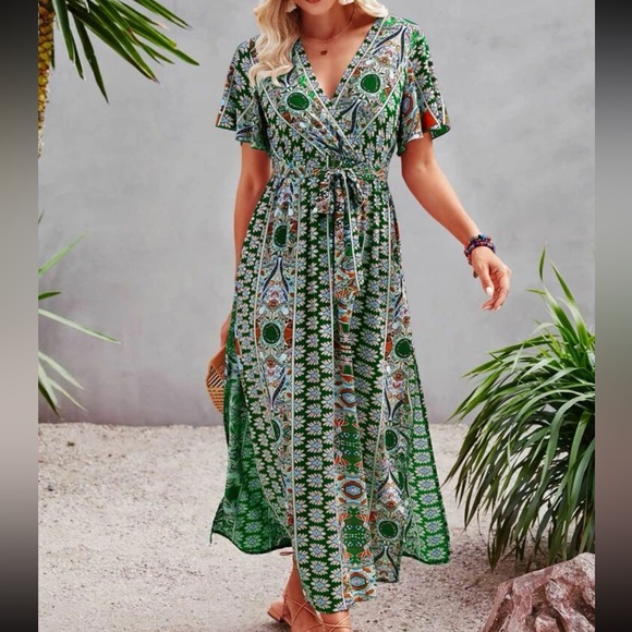 Boho Floral Paisley Print Side Silt Cottagecore Dress Navy Blue - Picture 9 of 12